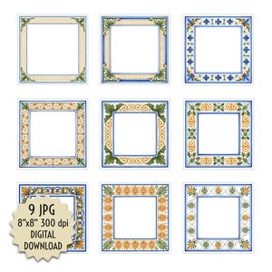 May include: Nine square digital download images featuring ornate frames with white centers. The frames have blue, gold, and green decorative elements. The text "9 JPG 8"x8" 300 dpi DIGITAL DOWNLOAD" is on a beige starburst.