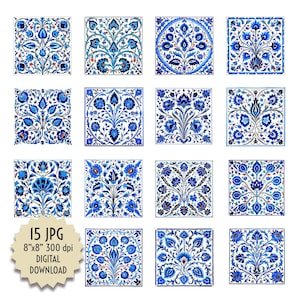 Floral Ornament Blue and White Clipart Tile Decorative Wall Art Porcelain Digital Design Download Mosaic Printable Print JPG 8x8 in Ceramic