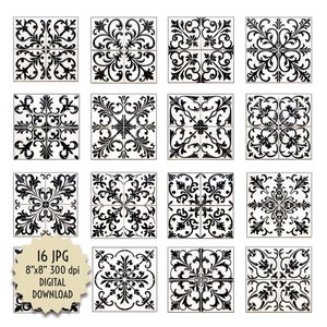 May include: Set of 16 black and white digital tile designs featuring intricate floral patterns. Each tile is 8 inches by 8 inches and 300 dpi.  16 JPG Digital Download.