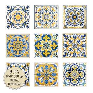 9 Vintage Yellow and Blue Tiles Clipart Set of Spanish-Style Tiles for Decoration and Design. Printable Digital Download 9 JPG 8&quot;x8&quot; 300 dpi