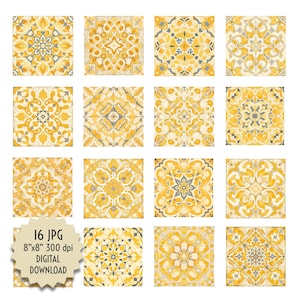 Könnte beinhalten: Set mit 16 digitalen gelben und grauen Fliesen mit Mustern. Jede Fliese ist 20,32 cm x 20,32 cm groß und hat 300 dpi. Die Fliesen haben ein marokkanisches oder spanisches Design.