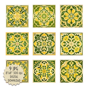 Marinegroen geelbeige tegels in art-nouveaustijl. Digitale download. Geglazuurd keramisch mozaïek. Decoratieve muren Vloeren Home Ambachten DIY briefpapier