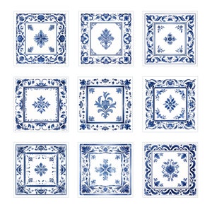 May include: Nine blue and white square tiles with intricate floral patterns. The tiles have a white background with blue floral designs and borders.