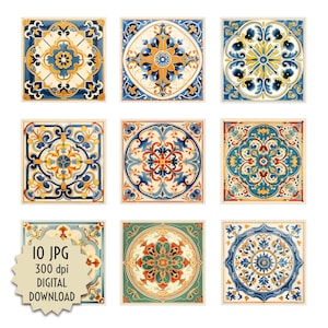 Sticker carrelage mosaïque mur art céramique bleu vert Espagne impression sticker motif vintage numérique floral azulejos papier peint design italie antique JPG