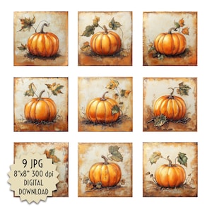 May include: Nine digital printable images of orange pumpkins with green leaves on a textured background. Each image is 8 inches by 8 inches and 300 dpi.