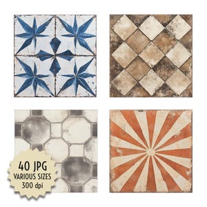 Könnte beinhalten: Satz von vier digitalen Fliesenmustern in verschiedenen Größen. Die Fliesen zeigen ein blaues Sternburst-Muster, ein braunes und beiges Diamantenmuster, ein graues und weißes Achteckmuster und ein rotes und weißes Sonnenstrahlenmuster.