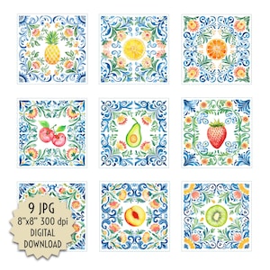 Azulejos de frutas, acuarela, imágenes prediseñadas, JPG, cítricos, pintados a mano, arte de cocina tropical, protector contra salpicaduras, decoración de posavasos, estilo mexicano, descarga instantánea