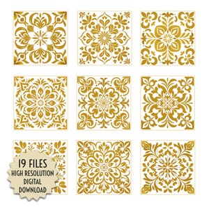 May include: Nine square tiles with gold floral patterns on a white background. The designs vary, featuring symmetrical floral and leaf motifs. The image includes text that reads "19 FILES HIGH RESOLUTION DIGITAL DOWNLOAD".