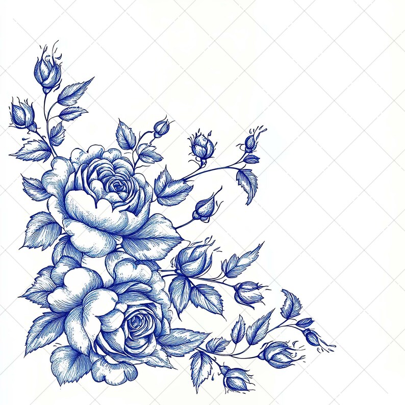 9 Blue Rose Floral Corner PNG Clipart Set, Chinoiserie Porcelain Style ...