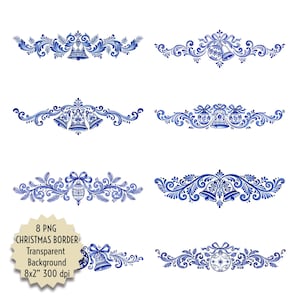 May include: A collection of eight blue and white digital Christmas border graphics featuring intricate floral scrollwork, bells, and ornaments. A beige star-shaped badge displays the text 8 PNG CHRISTMAS BORDER Transparent Background 8x2 300 dpi.