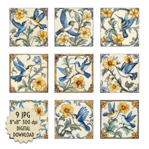 Azulejos con pájaros azules, colibríes y flores amarillas, estilo antiguo clásico vintage, para decoración de paredes y manualidades. Descarga e impresión de imágenes digitales