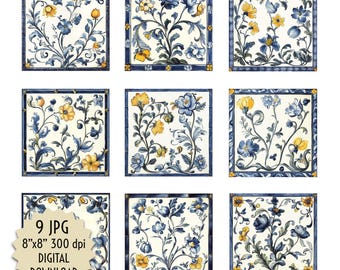 青と黄色の花柄タイル印刷セット、9種類のデジタル陶芸デザイン、8 x 8インチの装飾ステッカー、壁のバックスプラッシュ、DIYクラフトのダウンロード