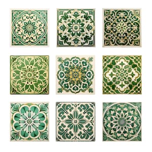 Vintage Green Tiles Clipart: Set of 9 Spanish-Style Tiles, Decoration, and Design. Printable Digital Download. 9 JPG Files, 8”x8”, 300 dpi