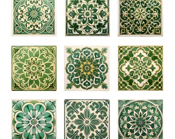 Vintage Green Tiles Clipart: Set of 9 Spanish-Style Tiles, Decoration, and Design. Printable Digital Download. 9 JPG Files, 8”x8”, 300 dpi