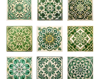 Vintage Green Tiles Clipart: Set of 9 Spanish-Style Tiles, Decoration, and Design. Printable Digital Download. 9 JPG Files, 8”x8”, 300 dpi