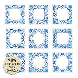 May include: Nine square digital download images featuring ornate blue and white watercolor frames. Each frame has a square white center, surrounded by intricate floral and scroll designs. The text "9 JPG 8"x8" 300 dpi DIGITAL DOWNLOAD" is visible.