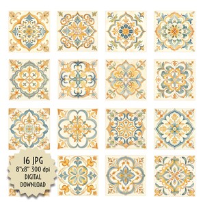 Puede incluir: Conjunto de 16 imágenes digitales de azulejos con patrones amarillos, azules y blancos. Cada azulejo mide 20,32 cm por 20,32 cm y 300 dpi.