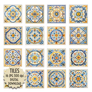 May include: Set of 16 digital images of colourful, ornate, square tiles with blue, yellow, and white floral patterns. The tiles are perfect for crafting projects, scrapbooking, and digital design.