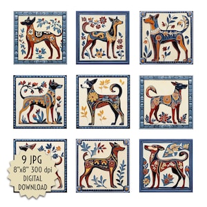 May include: Nine digital printable images of colorful, stylized dogs on a white background with blue and white floral designs. Each image is 8 inches by 8 inches and 300 dpi.