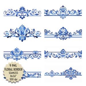 Borde floral azul, tiras horizontales sin costuras, volutas digitales, patrón de filigrana, floritura barroca, curvas elegantes para manualidades, decoración DIY