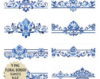Blue Floral Border, Horizontal Seamless Strips, Digital Scrollwork, Filigree Pattern, Baroque Flourish, Elegant Curves for Crafts, DIY Decor
