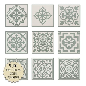 Puede incluir: Nueve baldosas cuadradas con varios diseños ornamentados y simétricos en verde apagado y blanquecino. Las baldosas miden 20x20 cm. Descarga digital disponible.