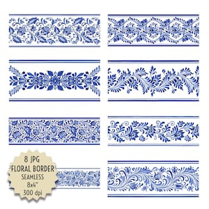 Puede incluir: Ocho diseños de bordes florales sin costuras en tonos azules sobre un fondo blanco. Cada diseño presenta intrincados patrones florales y de hojas. La imagen incluye el texto "8 JPG FLORAL BORDER SEAMLESS 8x4" 300 dpi".
