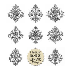 May include: Nine grayscale damask elements in various floral and leaf designs. The image includes a beige starburst-shaped graphic with the text "9 PNG 8x8" DAMASK ELEMENTS 300 dpi."