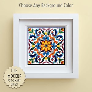 Tile Mockup | Square White Frame | PSD with Smart Object & Editable Background Color | 9x9", 300 DPI, Digital Download | Wall Art Display