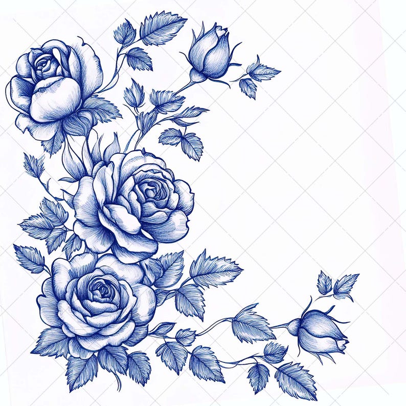 9 Blue Rose Floral Corner PNG Clipart Set, Chinoiserie Porcelain Style ...
