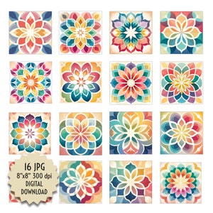 Tęczowe kolorowe geometryczne kwiaty wzór płytki rysunek clipart obraz mozaika plik cyfrowy projekt 8x8" pobierz drukowane dekoracyjne ceramiczne