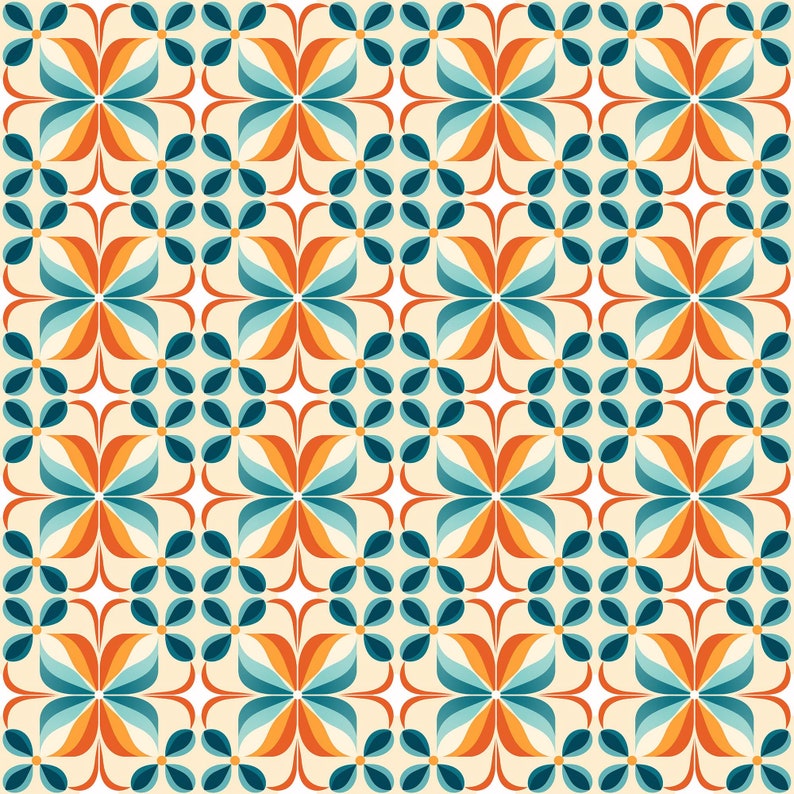 Tiles 70s Aesthetic, Geometric Pattern, Red Orange Blue Brown Mosaic ...