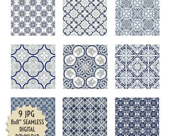 9 diseños de azulejos azules y grises, papel digital continuo JPG de 8x8 pulgadas, papel tapiz decorativo vintage, descarga instantánea para sublimación, transferencia y proyectos de bricolaje.