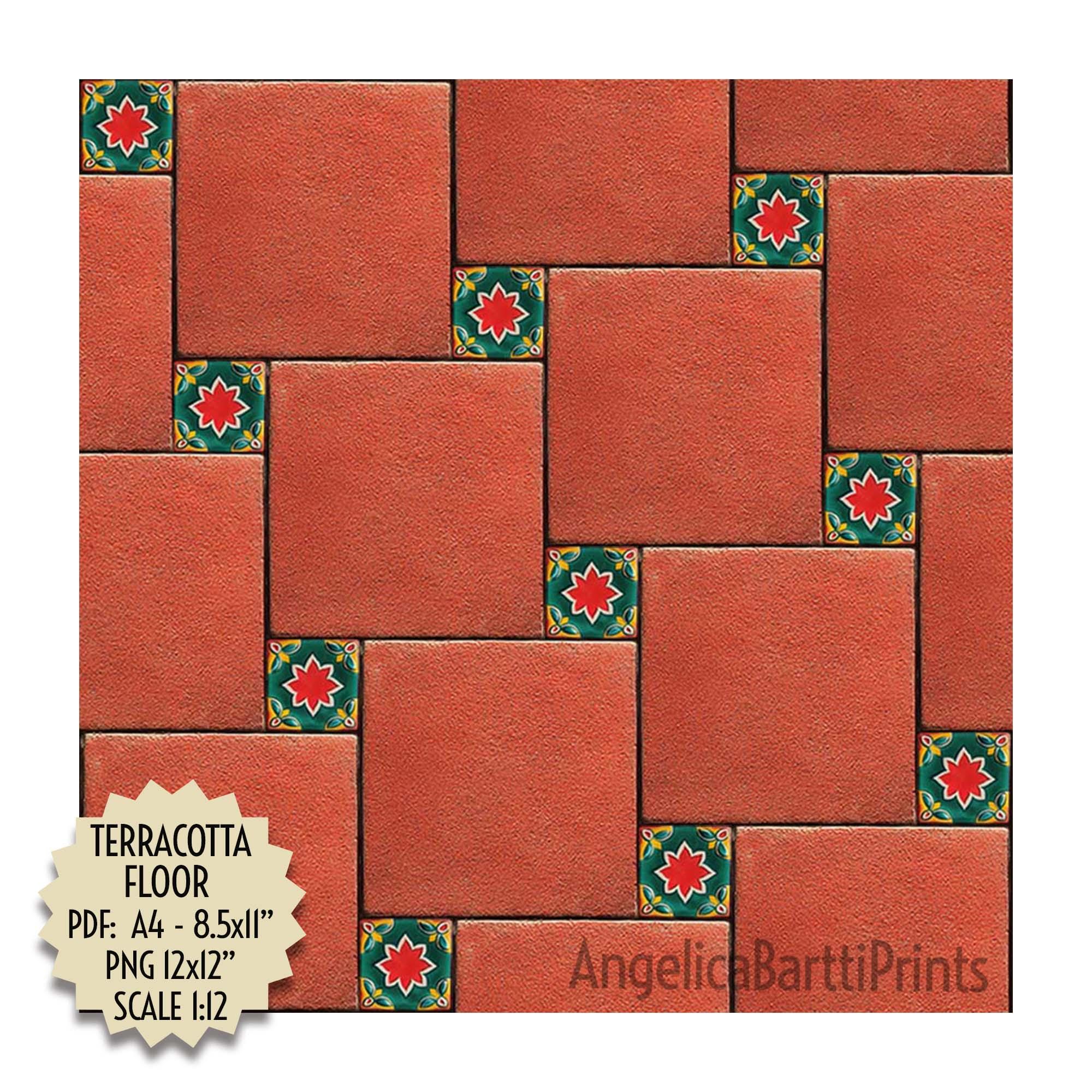 Terracotta Floor Tiles, Dollhouses, Mexican Style Square Pattern 1:12 Scale, PDF A4 8x11", PNG 12x12", High Resolution, Printable, Download