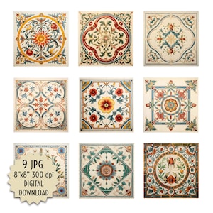 Geometrische Blumenverzierung Alte Fliese Rot Grün Braun Beige Mosaik Digital Printable 8 x 8 JPG Platte Hausfrau Architekt Mason DIY Bodenfliese
