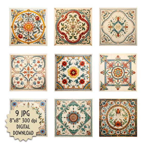 Geometric Floral Ornament Ancient Tile Red Green Brown Beige Mosaic Digital Printable 8x8 JPG Slab Homemaker Architect Mason DIY Floor Tile