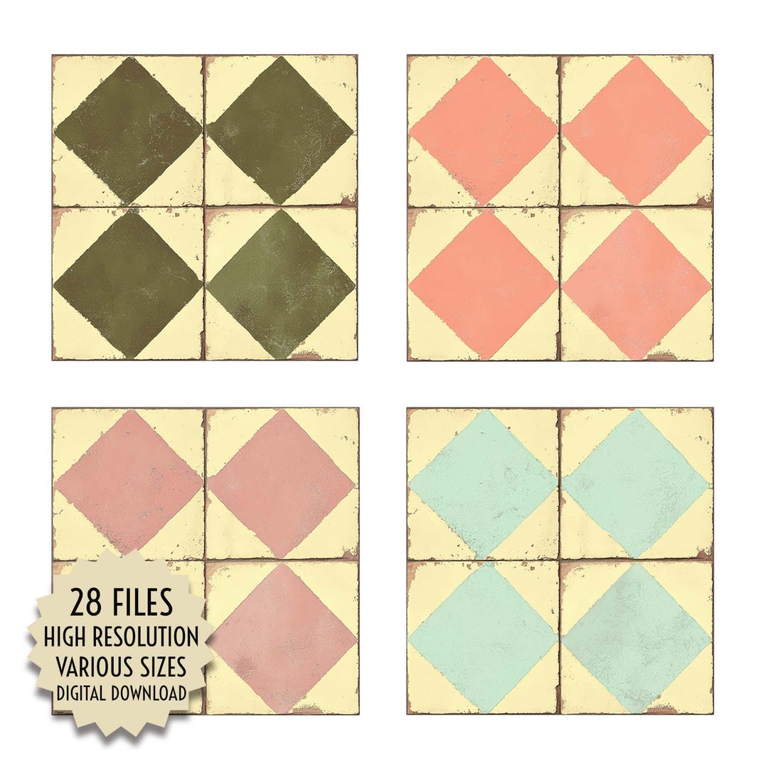 Vintage Diamond Tile Clipart, Rustic Distressed Mosaic in Green, Salmon ...
