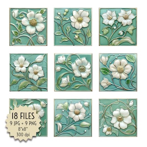 Puede incluir: Nueve azulejos digitales con una flor blanca con hojas verdes sobre un fondo turquesa. Los azulejos miden 20,32 cm por 20,32 cm y 300 dpi.