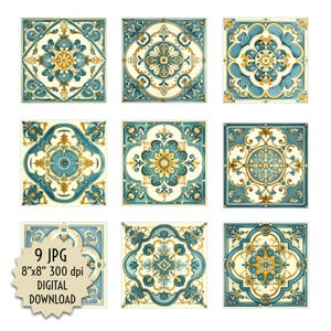 Può includere: Nove immagini digitali scaricabili di piastrelle con motivi blu e dorati di 20,32 x 20,32 cm, 300 dpi. Le piastrelle presentano intricati disegni floreali e geometrici.