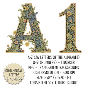 Könnte beinhalten: Ornamentaler Buchstabe "A" und Zahl "1" mit floralen Designs in Grün, Blau und Gelb. Das Bild enthält Text: "Ornamentale Buchstaben & Zahlen", "A-Z (26 Buchstaben des Alphabets) 0-9 (Zahlen) + 1 Rand". Größe: 20x20 cm.