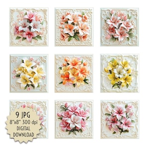 Azulejos de porcelana con diseño de lirios, ramo floral cuadrado, diseño botánico vintage, arte cottagecore, papel tapiz, tarjetas, descarga digital instantánea para imprimir.