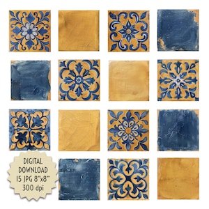 May include: Set of 15 digital images of blue and yellow tiles with intricate floral patterns. The tiles are 8 inches by 8 inches and 300 dpi.