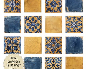 15 Antique Blue Ochre Tiles Aged Worn Broken Cracked Old Floral Realistic Mosaic Spanish Style Digital Design Download Clipart Print Ceramic