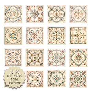 Alte antike klassische Fliesen druckbare digitale Download-Datei 8 x 8 "Mosaike Dekorative für Hauskamin-Brunnenhandwerk in Beige, Grün, Rot, Blau
