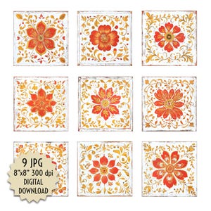 Ensemble de carreaux floraux rustiques, texture bois blanc écarlate, cottagecore, botanique vintage, style country scandinave, déco de café, téléchargement immédiat