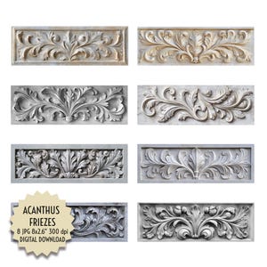 Imágenes prediseñadas de frisos de acanto, bordes de baldosas de piedra, relieve ornamental, decoración arquitectónica para maquetas y dioramas, archivos digitales, descarga instantánea