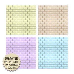 May include: Four square images of subway tile patterns in pastel colors: yellow, beige, lavender, and light blue. The tiles are arranged in a brick pattern. A graphic with the text "SUBWAY TILES PDF - A4 - 8.5x11" PNG / SEAMLESS SCALE 1:12" is in the lower left corner.