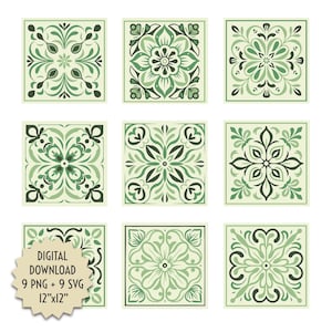Zielony Kolor Wektor Geometryczny Wzór Rysunku Płytki Mozaika Styl Hiszpański Kwiatowy Dekoracyjny Ceramiczny 12x12 Projekt Cyfrowy Pobierz Wydrukuj SVG