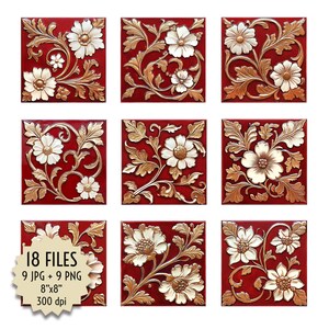 Azulejos burdeos y dorados para Acción de Gracias, Otoño, Decoración navideña, Estilo clásico, Motivo floral, En relieve, Elegante. Imagen digital PNG 8x8