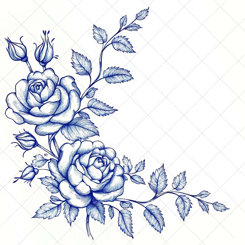 9 Blue Rose Floral Corner PNG Clipart Set, Chinoiserie Porcelain Style ...